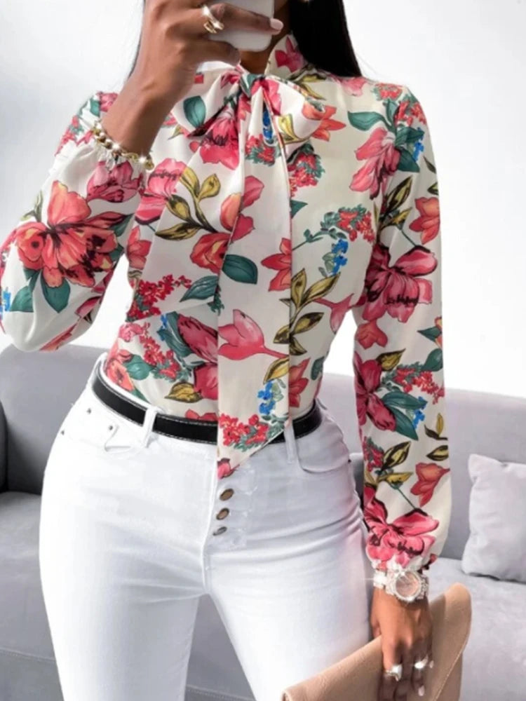 Blusa Mujer Floral Elegante con Lazo de Cuello Manga Larga