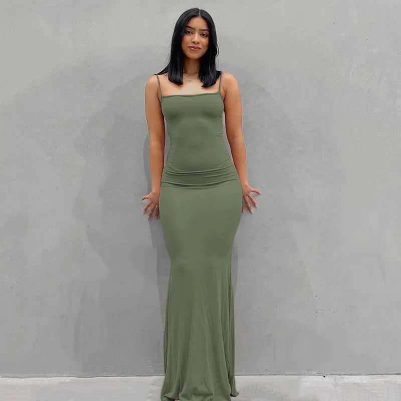 Vestido Largo Mujer Tirantes Ajustado Elegante Color Sólido
