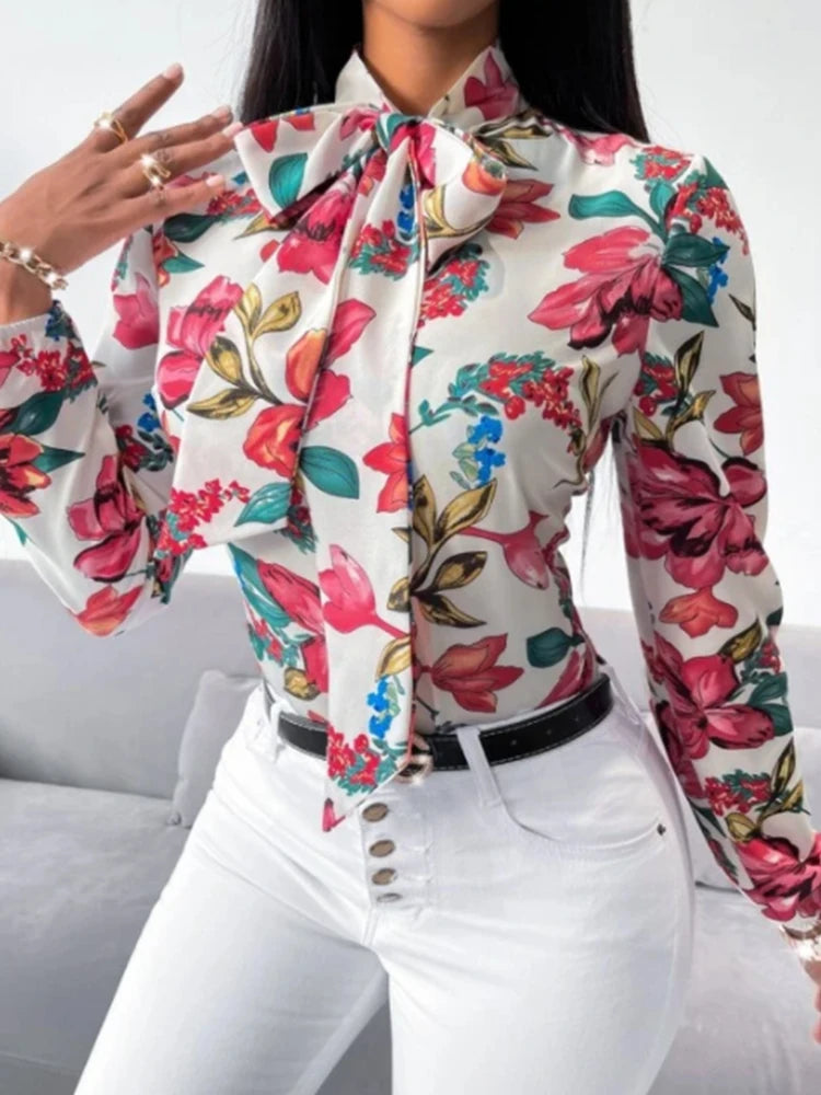 Blusa Mujer Floral Elegante con Lazo de Cuello Manga Larga