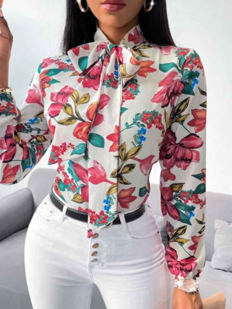 Blusa Mujer Floral Elegante con Lazo de Cuello Manga Larga
