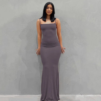 Vestido Largo Mujer Tirantes Ajustado Elegante Color Sólido