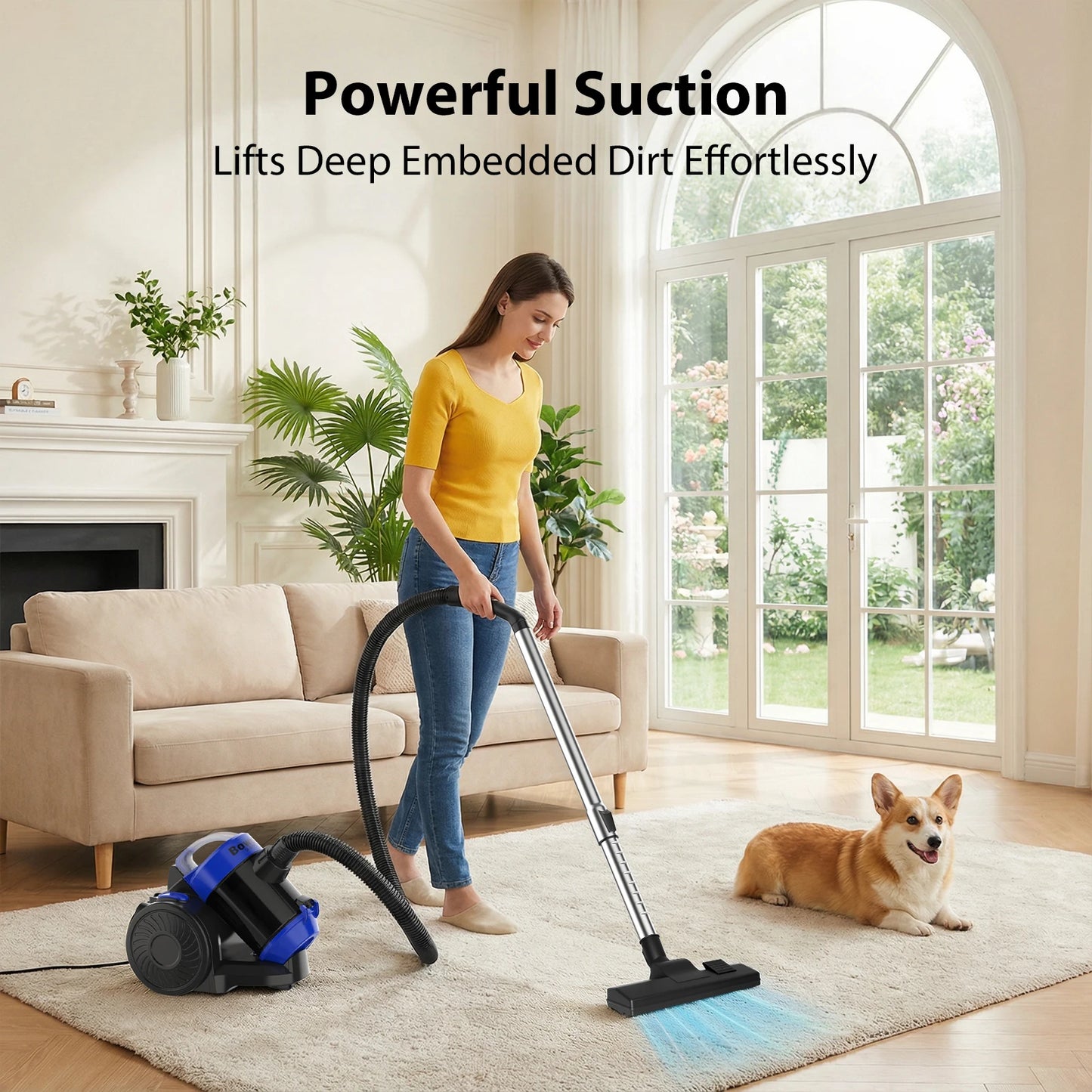 Bagless Vacuum Cleaner, 5000W Pet Hair Bagless Vacuum Cleaner Cylinder Carpet Cleaner with HEPA Filter, Long Reach, 3 In 1 Brush