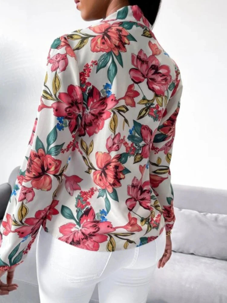 Blusa Mujer Floral Elegante con Lazo de Cuello Manga Larga