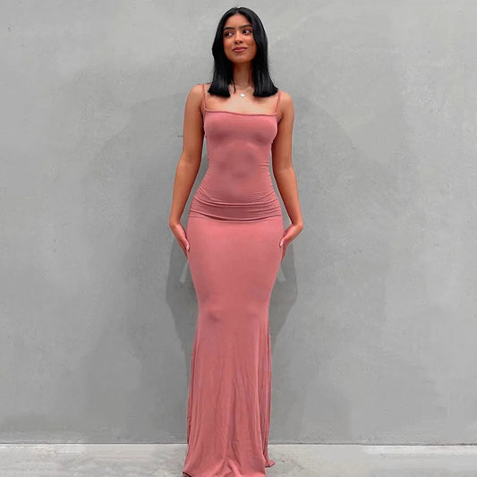 Vestido Largo Mujer Tirantes Ajustado Elegante Color Sólido