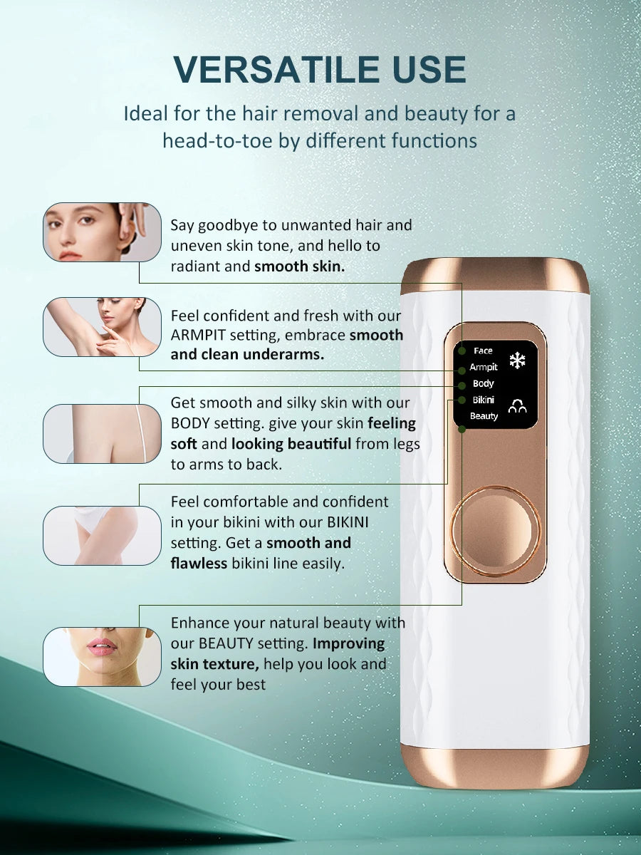 Icy-Cool Laser Hair Removal 5 Functions At-Home Painless Hair Remove for Whole Body Bikini Trimmer for Women Ladies IPL Epilator