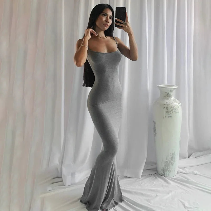 Vestido Largo Mujer Tirantes Ajustado Elegante Color Sólido