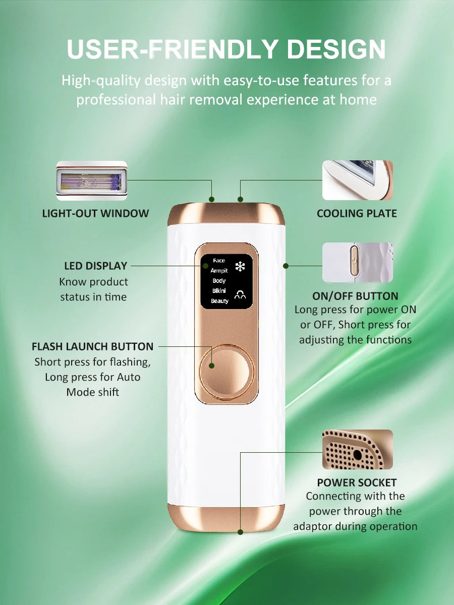 Icy-Cool Laser Hair Removal 5 Functions At-Home Painless Hair Remove for Whole Body Bikini Trimmer for Women Ladies IPL Epilator