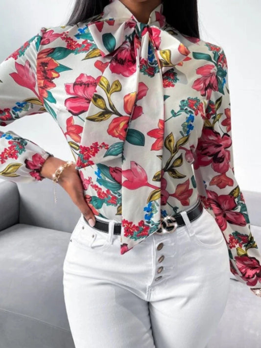 Blusa Mujer Floral Elegante con Lazo de Cuello Manga Larga
