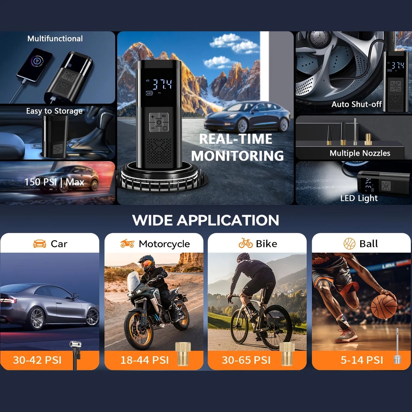 Compresor de aire portátil inalámbrico 150 PSI con pantalla digital