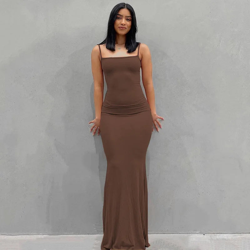 Vestido Largo Mujer Tirantes Ajustado Elegante Color Sólido