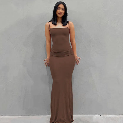 Vestido Largo Mujer Tirantes Ajustado Elegante Color Sólido