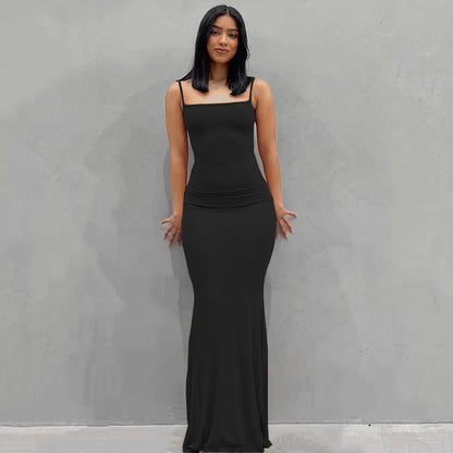 Vestido Largo Mujer Tirantes Ajustado Elegante Color Sólido
