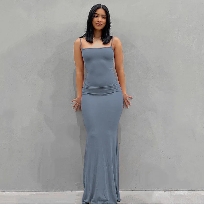 Vestido Largo Mujer Tirantes Ajustado Elegante Color Sólido