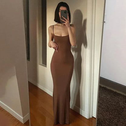 Vestido Largo Mujer Tirantes Ajustado Elegante Color Sólido