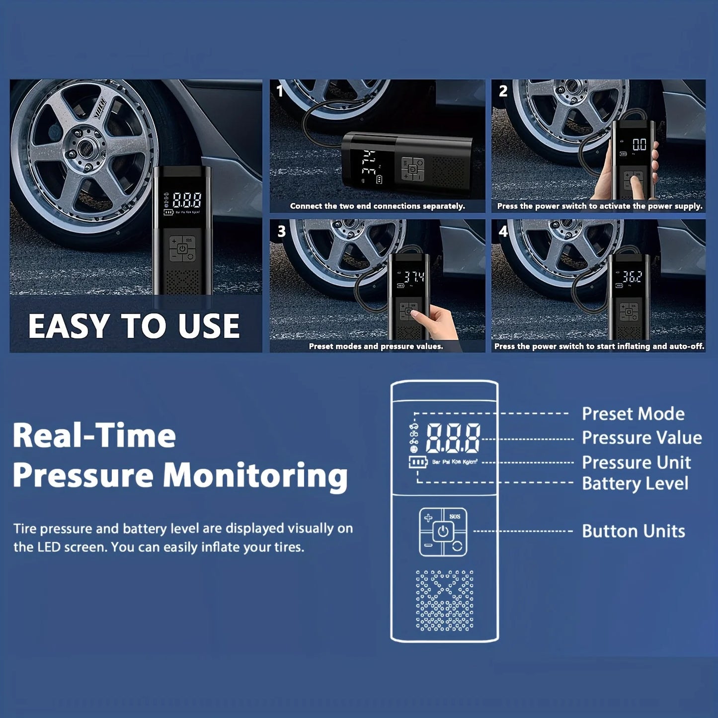 Compresor de aire portátil inalámbrico 150 PSI con pantalla digital